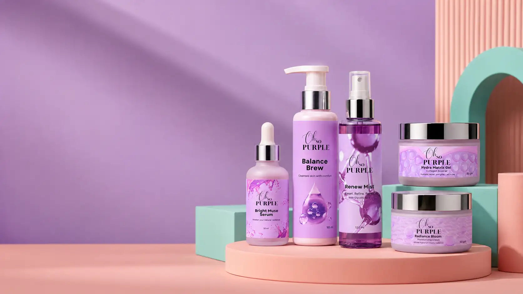 A set of purple cosmetic products from the brand 'The PURPLE' arranged on a pink and teal geometric display stand against a purple and pink studio background.