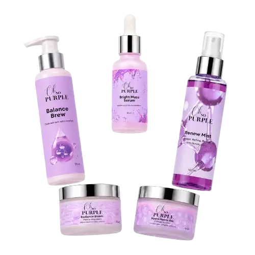 Five Choc Purple skincare products arranged on a plain white background: a pump bottle labeled Balance Brew, a dropper bottle labeled Bright Mask Serum, a spray bottle labeled Renew Mask, and two jars labeled Radiance Cream and Hydrating Mask.