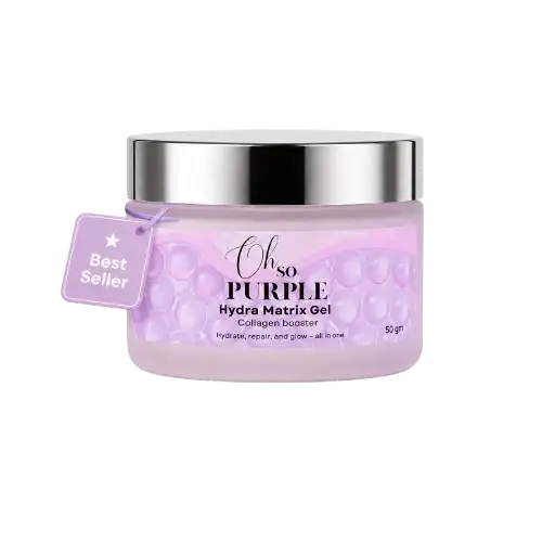A 50g jar of Oh so PURPLE Hydra Matrix Gel collagen booster, featuring a light purple body with a shiny silver lid and a purple 'Best Seller' tag on the side, set against a plain white background.