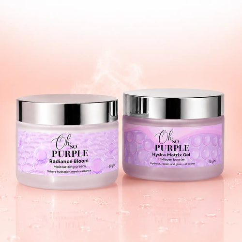 Two cosmetic jars from the brand Oh so PURPLE on a soft pink reflective surface. The left jar is labeled 'Radiance Bloom' as a moisturizing cream, and the right jar is labeled 'Hydra Matrix Gel' as a collagen booster, both in light purple packaging with silver lids.